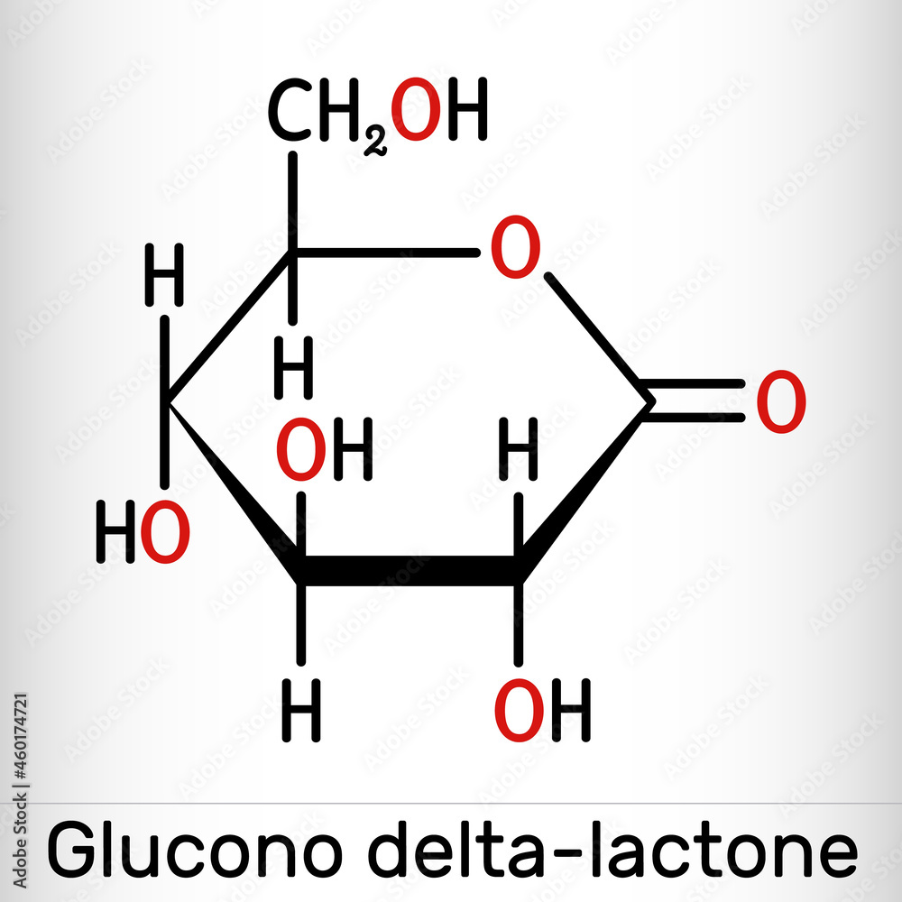 Glucono-delta-lactone, gluconolactone, GDL molecule. It is PHA, polyhydroxy acid, naturally-occurring food additive E575. Skeletal chemical formula Glucono-delta-lactone, gluconolactone, GDL molecule. It is PHA, polyhydroxy acid, naturally-occurring food additive E575. Skeletal chemical formula