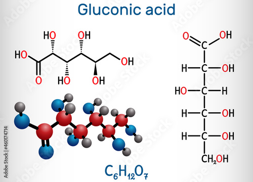 Gluconic acid, C6H12O7 molecule. It is PHA, polyhydroxy acid. The salt are known as gluconate. Structural chemical formula, molecule model photo