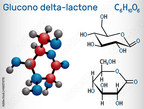 Glucono-delta-lactone, gluconolactone, GDL molecule. It is PHA, polyhydroxy acid, naturally-occurring food additive E575. Structural chemical formula and molecule model photo