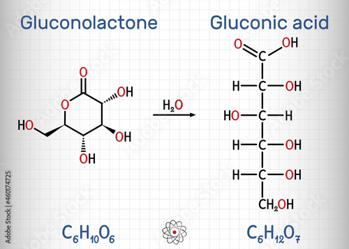 Glucono-delta-lactone (gluconolactone, GDL) and gluconic acid molecule. It is PHA, polyhydroxy acids. Skeletal chemical formula. Sheet of paper in a cage
