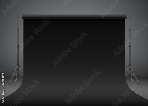 Black photo studio backdrop, realistic vector illustration. Black premium style photo shooting setup standing on a dark grey background.