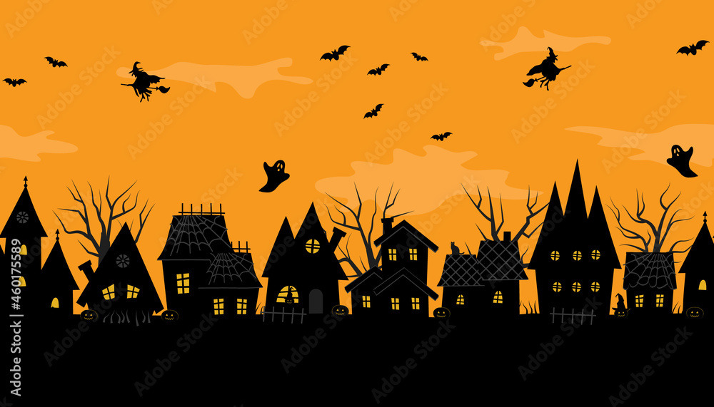 Halloween town. Creepy houses. Seamless border. Black silhouettes of houses and trees on an orange background. There are also bats, ghosts, witches, pumpkins and cat in the picture. Vector image