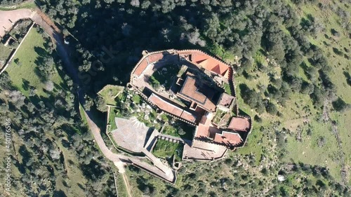Vuelo con dron sobre Castillo de Miraflores en la comarca de Olivenza, Badajoz un día soleado photo