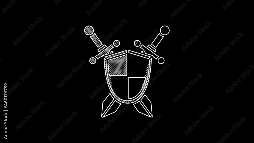 White line Medieval shield with crossed swords icon isolated on black background. 4K Video motion graphic animation White line Medieval shield with crossed swords icon isolated on black background. 4K Video motion graphic animation