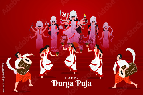vector illustration of ladies dancing with dhunuchi and men playing dhak for Happy Durga Puja