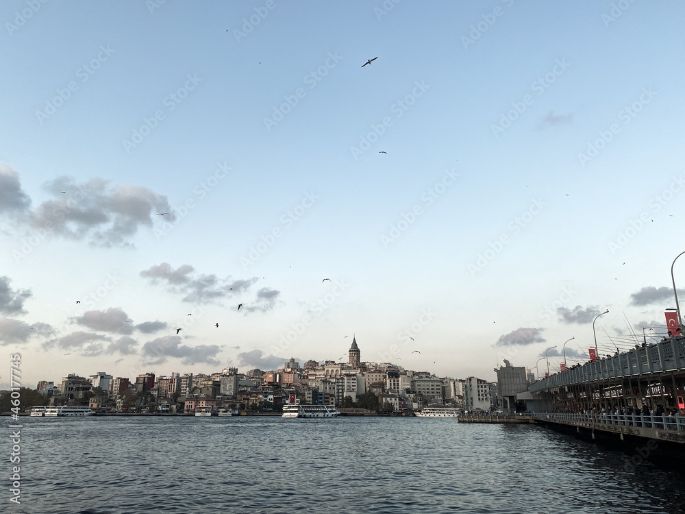 Fototapeta premium Travel to Turkey. Beautiful view of the Bosphorus Strait at sunset. Panormama overlooking the Galata bridge and Galata tower and many gulls. Postcard view of Istanbul
