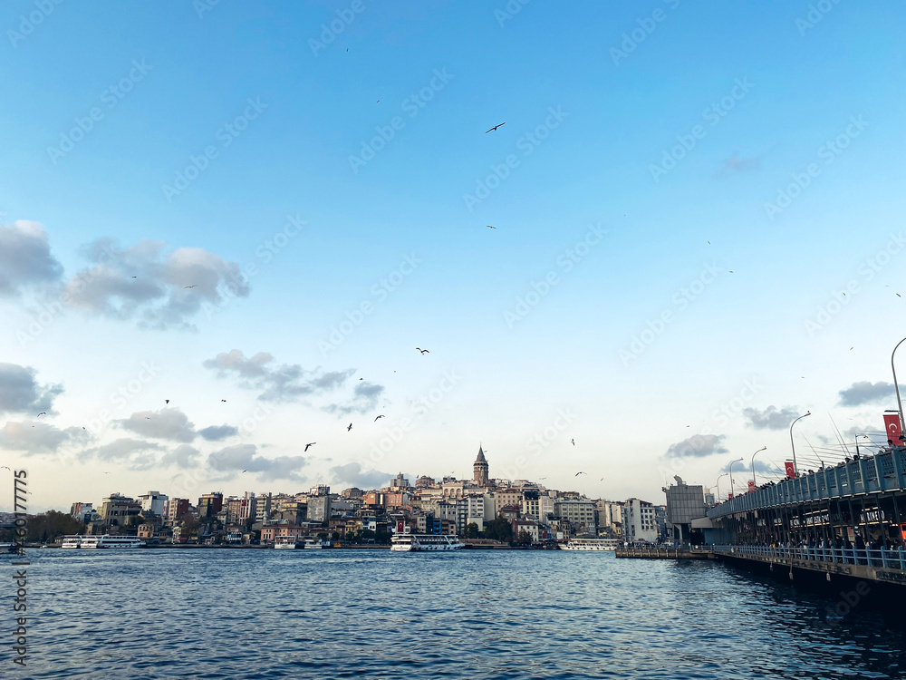 The Galata Bridge and the Galata Tower on the Bosphorus in Istanbul, Turkey. Istanbul views with many seagulls and cloudy sky. Karakoy district and Golden Horn