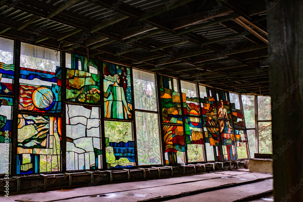 exclusion zone Chernobyl Pripyat abandoned old cafe stained glass stained glass