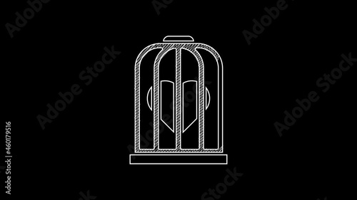 White line Heart in the bird cage icon isolated on black background. Love sign. Valentines symbol. 4K Video motion graphic animation