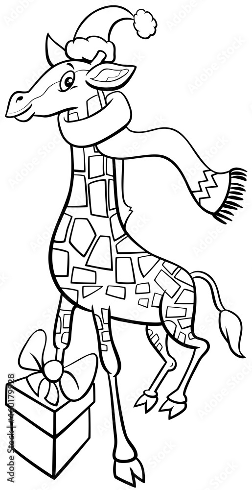Fototapeta premium cartoon giraffe on Christmas time coloring book page