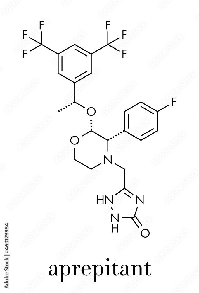 Aprepitant antiemetic drug molecule. Skeletal formula.
