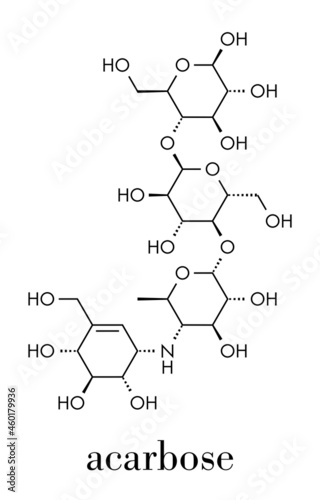 Acarbose diabetes drug molecule. Blocks carbohydrate digestion by inhibiting alpha-glucosidase enzymes. Skeletal formula.