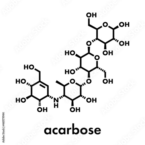 Acarbose diabetes drug molecule. Blocks carbohydrate digestion by inhibiting alpha-glucosidase enzymes. Skeletal formula.