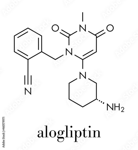 Alogliptin diabetes drug molecule. Belongs to dipeptidyl peptidase 4 (DPP-4) or gliptin class of antidiabetic medicines. Skeletal formula.