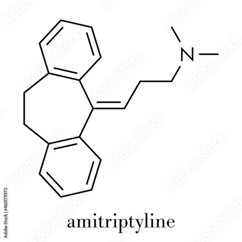 Amitriptyline tricyclic antidepressant drug molecule. Used in treatment of clinical depression. Skeletal formula.