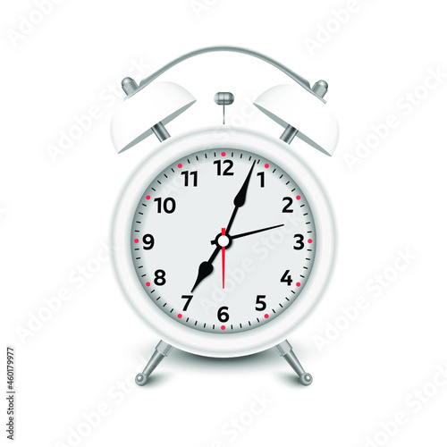Alarm clock. 3d illustration isolated on white background. White alarm clock set at one close-up. Vector illustration EPS 10