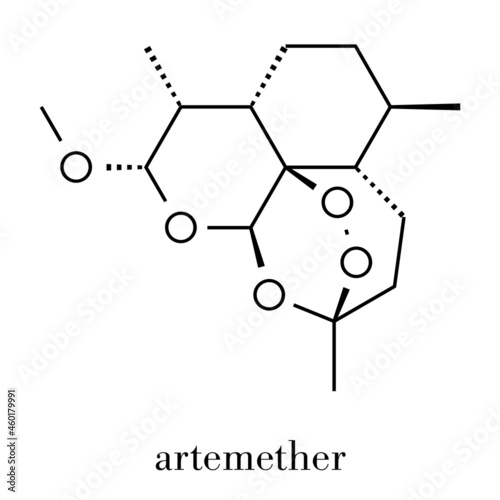 Artemether malaria drug molecule. Active against schizonts of Plasmodium falciparum and vivax. Methyl ether derivative of artemisinin. Skeletal formula.