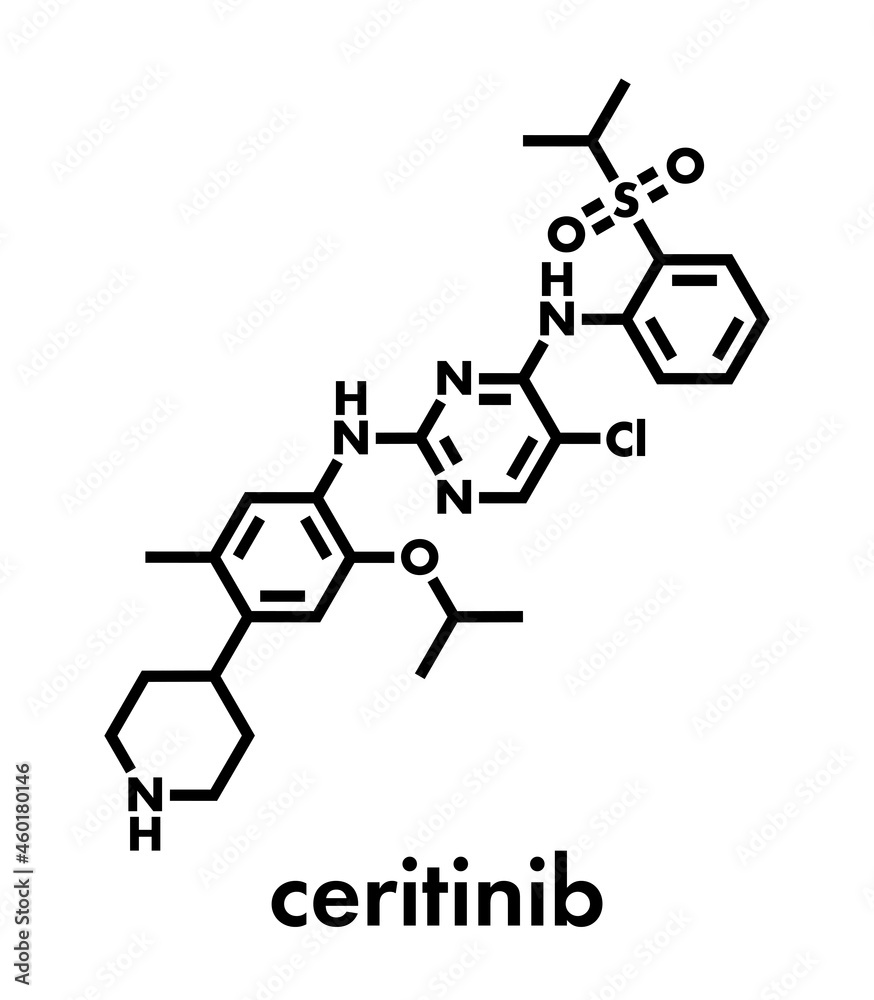 Ceritinib cancer drug molecule. ALK inhibitor used in treatment of metastatic non-small cell lung cancer. Skeletal formula. Ceritinib cancer drug molecule. ALK inhibitor used in treatment of metastatic non-small cell lung cancer. Skeletal formula.