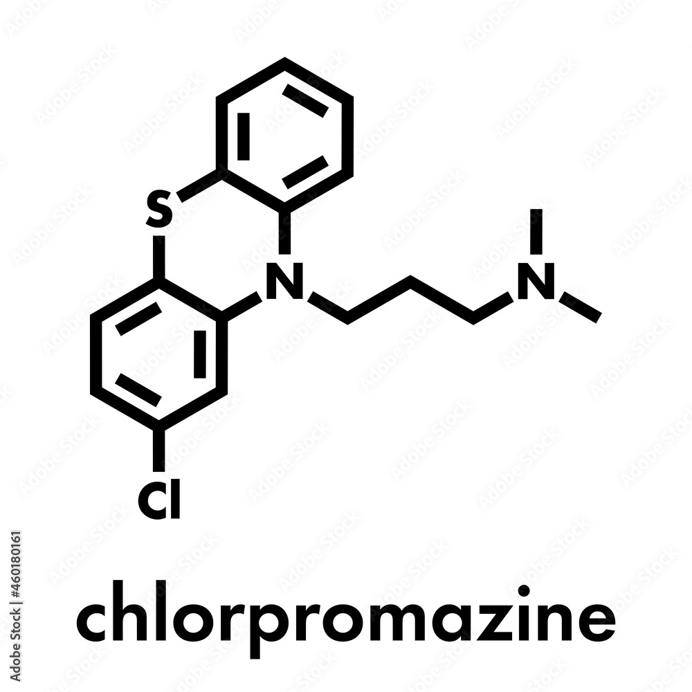 Chlorpromazine (CPZ) antipsychotic drug molecule. Used to treat schizophrenia. Skeletal formula.