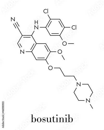 Bosutinib chronic myelogenous leukemia (CML) drug molecule. Tyrosine kinase inhibitor targeting Bcr-Abl and SRc family kinase. Skeletal formula.