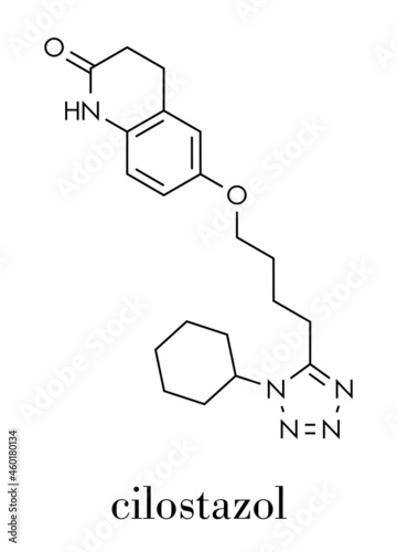 Cilostazol intermittent claudication treatment drug molecule. Inhibitor of phosphodiesterase  (PDE3). Skeletal formula.