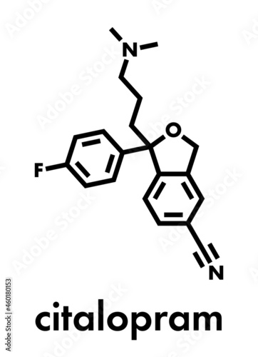 Citalopram anti-depressant drug molecule. Skeletal formula.