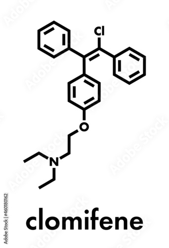Clomifene (clomiphene) ovulation inducing drug molecule. The E-isomer (enclomifene) isomer is shown. Skeletal formula.