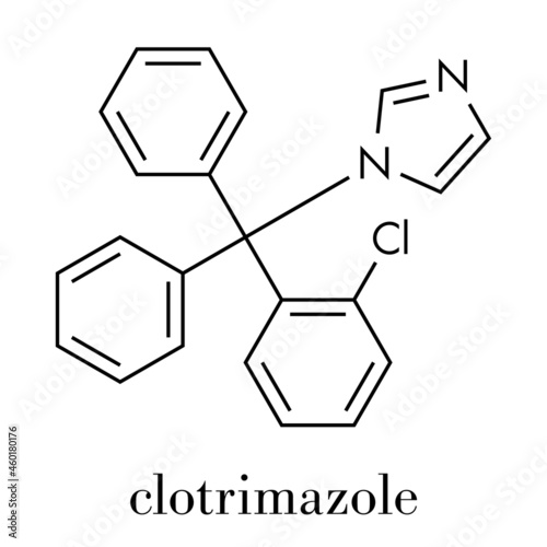 Clotrimazole antifungal drug molecule. Used in treatment of athlete's foot, ringworm, vaginal yeast infection, oral thrush, etc. Skeletal formula. photo