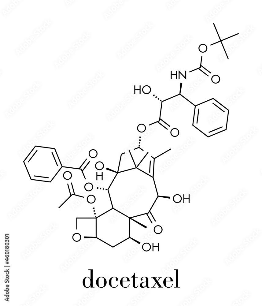 Docetaxel cancer chemotherapy drug molecule. Taxane class drug used in treatment of breast, prostate, lung and ovarian cancer (etc.) Skeletal formula.