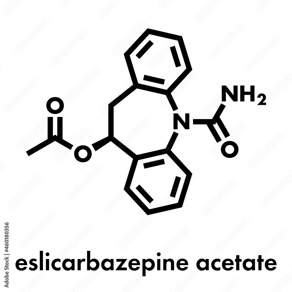 Eslicarbazepine acetate epilepsy drug molecule. Skeletal formula. Eslicarbazepine acetate epilepsy drug molecule. Skeletal formula.
