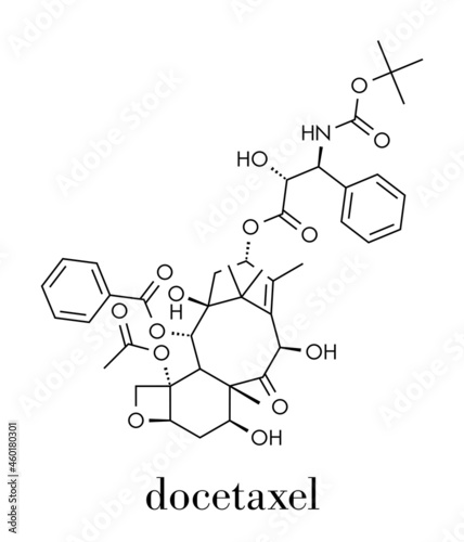 Docetaxel cancer chemotherapy drug molecule. Taxane class drug used in treatment of breast, prostate, lung and ovarian cancer (etc.) Skeletal formula.