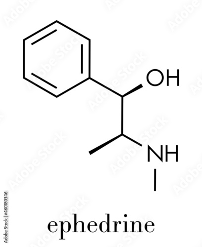 Ephedrine stimulant drug molecule. Alkaloid found in Ephedra plants. Used as stimulant, appetite suppressant, decongestant, etc. Skeletal formula.