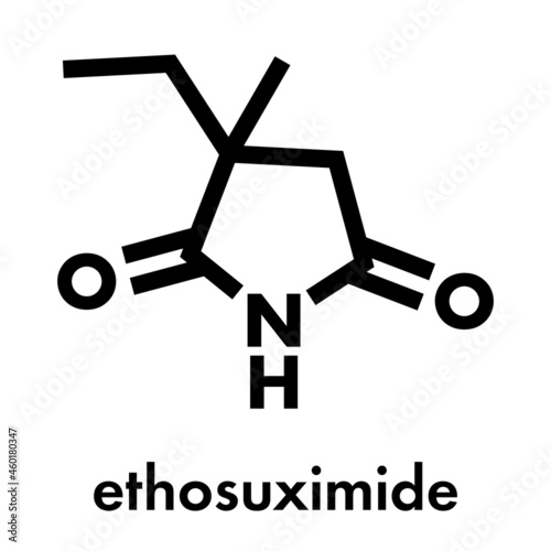 Ethosuximide anticonvulsant drug molecule. Used in treatment of absence seizures. Skeletal formula.