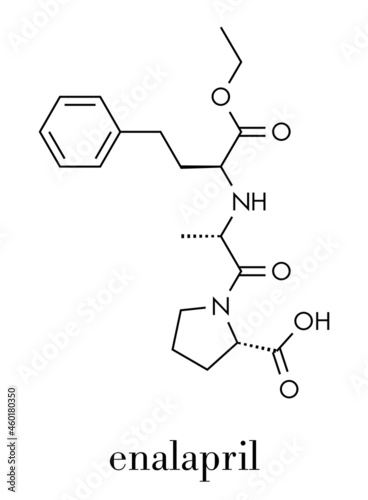 Enalapril high blood pressure drug molecule. Angiotensin Converting Enzyme (ACE) inhibitor used in treatment of hypertension. Skeletal formula. photo
