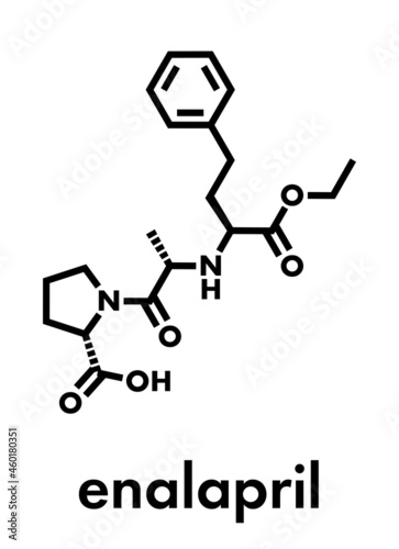 Enalapril high blood pressure drug molecule. Angiotensin Converting Enzyme (ACE) inhibitor used in treatment of hypertension. Skeletal formula.