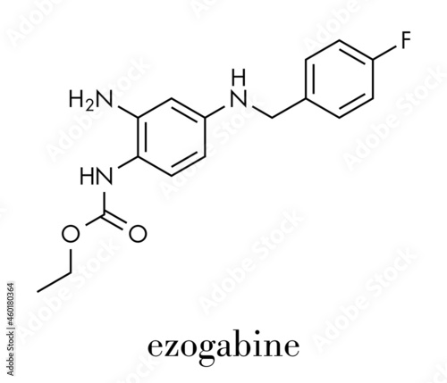 Retigabine (ezogabine) anticonvulsant drug molecule. Used in treatment of seizures (epilepsy). Skeletal formula.