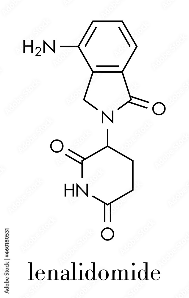 Lenalidomide multiple myeloma drug molecule. Skeletal formula. Lenalidomide multiple myeloma drug molecule. Skeletal formula.