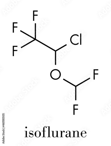 Isoflurane anesthetic drug molecule. Used for inhalational anesthesia during surgery. Skeletal formula.