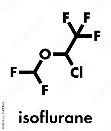 Isoflurane anesthetic drug molecule. Used for inhalational anesthesia during surgery. Skeletal formula.