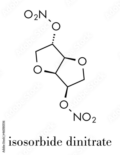 Isosorbide dinitrate (ISDN) vasodilator drug molecule. Used in treatment of heart related chest pain. Skeletal formula. photo