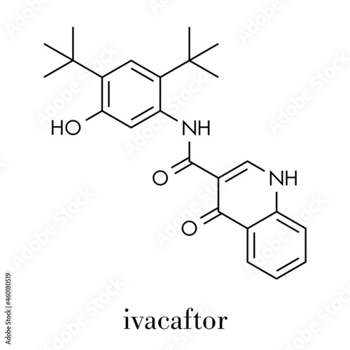 Ivacaftor cystic fibrosis drug molecule. Skeletal formula.