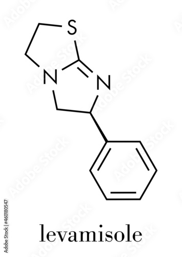 Levamisole antihelmintic drug molecule. levorotary isomer of tetramisole. Skeletal formula.