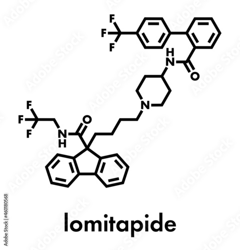 Lomitapide cholesterol lowering drug molecule. Used in treatment of homozygous familial hypercholesterolemia. Skeletal formula.