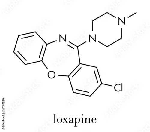 Loxapine antipsychotic drug molecule; used to treat schizophrenia. Skeletal formula.