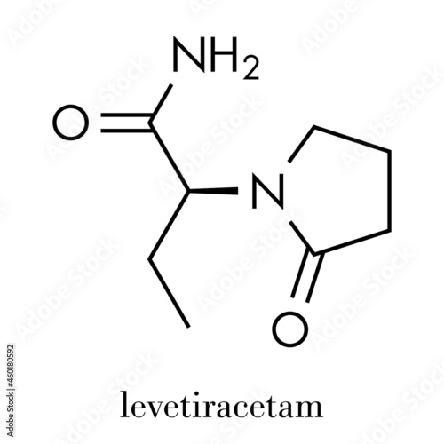 Levetiracetam epilepsy (seizures) drug molecule. S-isomer of etiracetam. Skeletal formula. photo