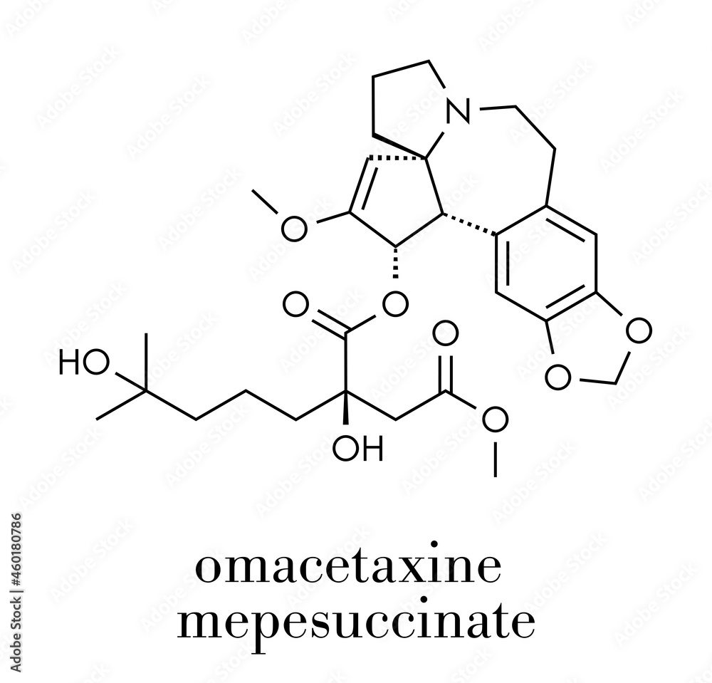 Omacetaxine mepesuccinate cancer drug molecule. Used in treatment of chronic myelogenous leukemia (CML). Skeletal formula.