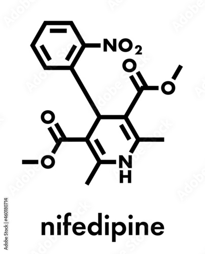 Nifedipine calcium channel blocker drug. Used in treatment of angina and hypertension (high blood pressure). Skeletal formula.