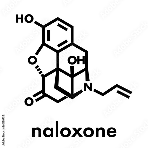 Naloxone opioid receptor antagonist. Drug used in treatment of opioid overdose. Skeletal formula. © molekuul.be