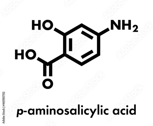 Para-aminosalicylic acid drug molecule. Used in treatment of tuberculosis and inflammatory bowel disease (ulcerative colitis, Crohn's disease). Skeletal formula.