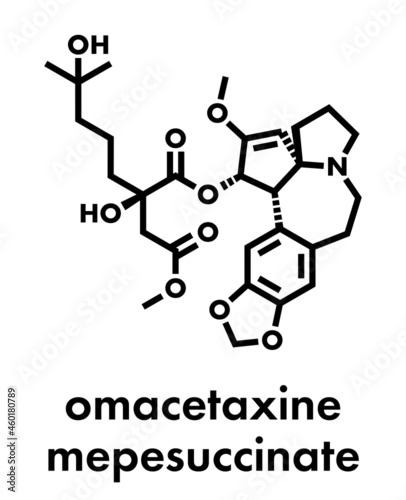 Omacetaxine mepesuccinate cancer drug molecule. Used in treatment of chronic myelogenous leukemia (CML). Skeletal formula.